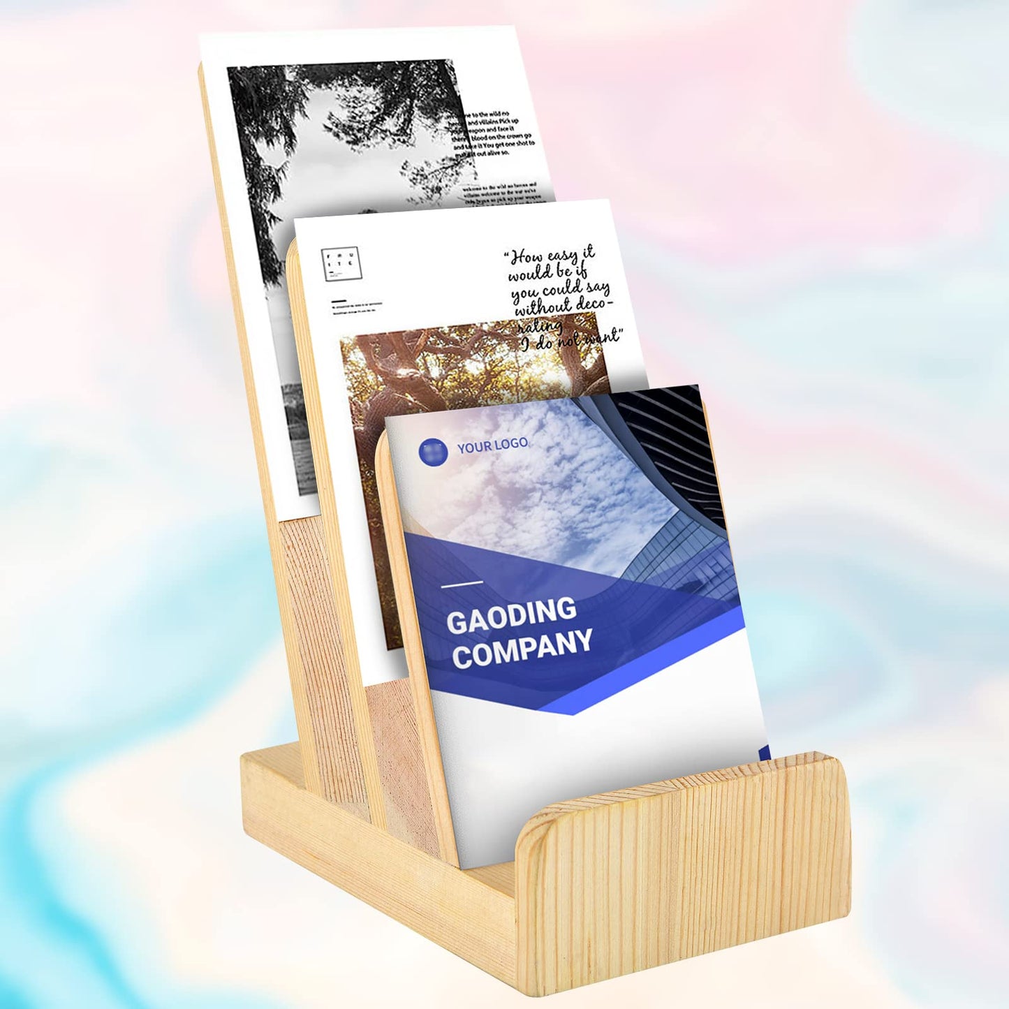 DOSTATNI 3-Tier Pine Wood Literature Holder pamphlet display stand Trifold Brochure Organizer Flyer Holder Postcard Display and Countertop Wooden Display Stand for Magazine Pamphlet Booklets Menu