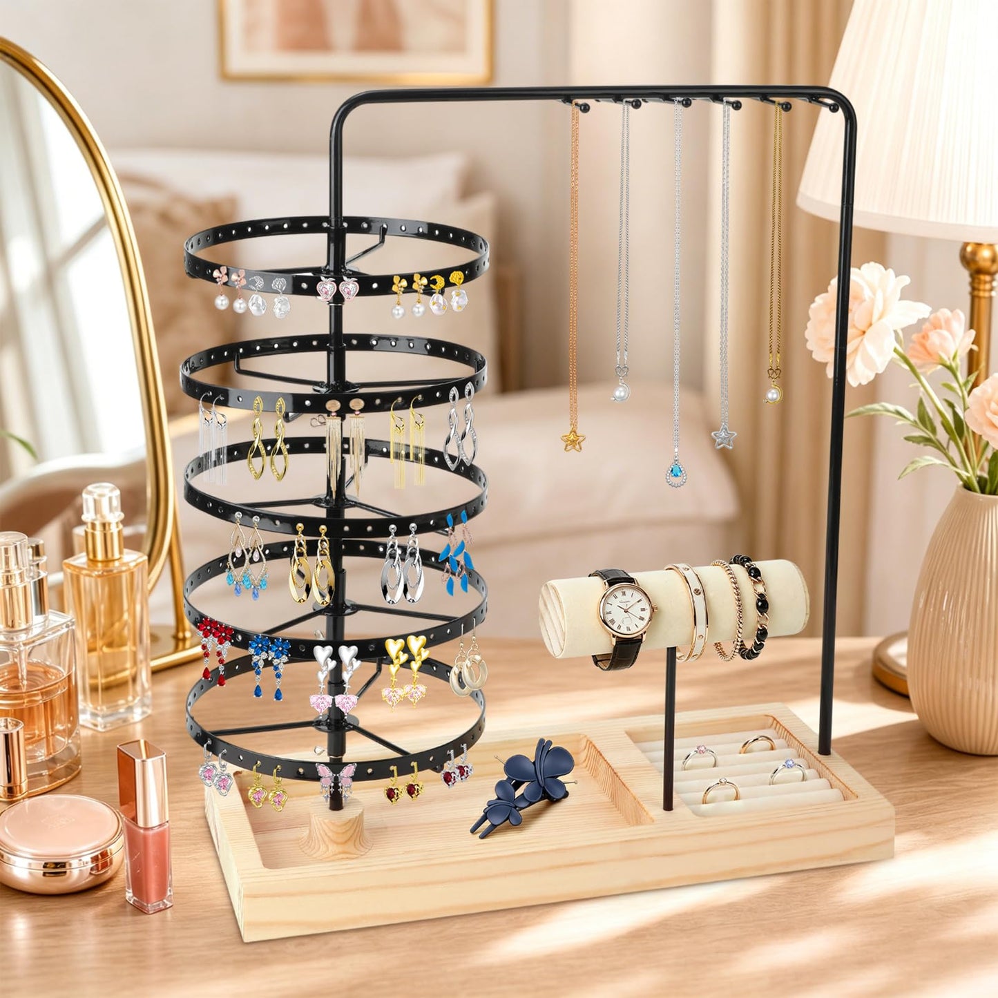 5-Tier Rotating Jewelry Organizer,Earring Holder Tree with Necklace Hooks, Bracelet Holder & Wooden Base, Multi-Functional Jewelry Stand for Women (Earring Rack, Necklace Organizer, Jewelry Tower)