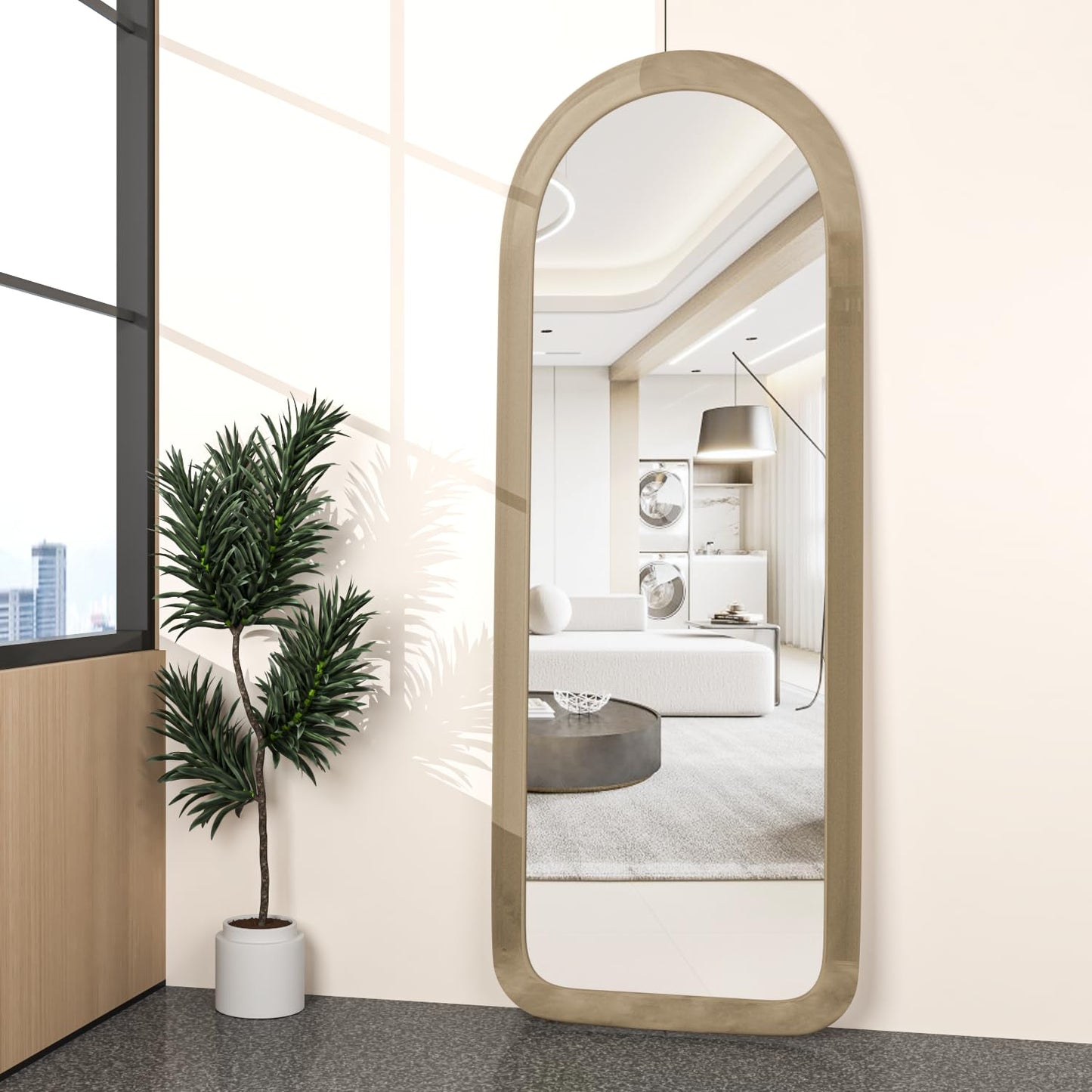 NEUWEABY Full Length Mirror 56"x20" Arch Floor Mirror with Stand Arched Full Body Mirror Standing Hanging or Leaning Against Wall for Bedroom Flannel Wrapped Wooden Frame Milk Tea