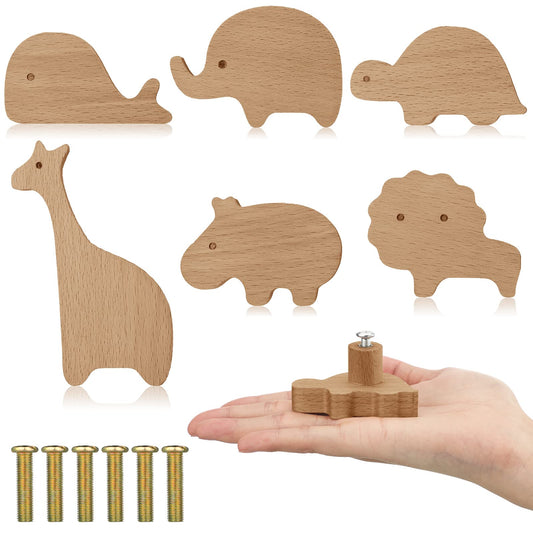 Qunclay 6 Sets Wooden Animal Dresser Knobs Decorative Nursery Wood Drawer Pulls with Screws Furniture Pulls Handles for Nursery Home Bedroom Kitchen Cabinets Hardware Cupboard (Zoo)