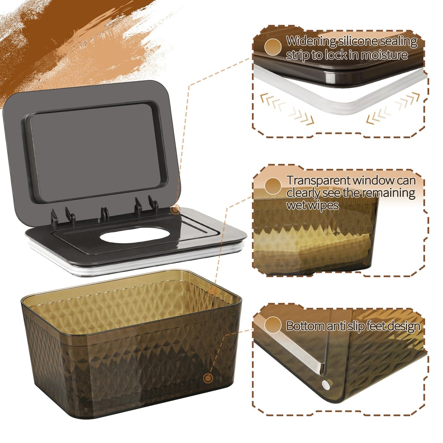 Whiidoom Wipes Dispenser, One-Handed Operation Wipe Holder for Baby & Adult, Seal-Designed Wipes Container for Bathroom Keep Diaper Wipes Fresh (Brown)