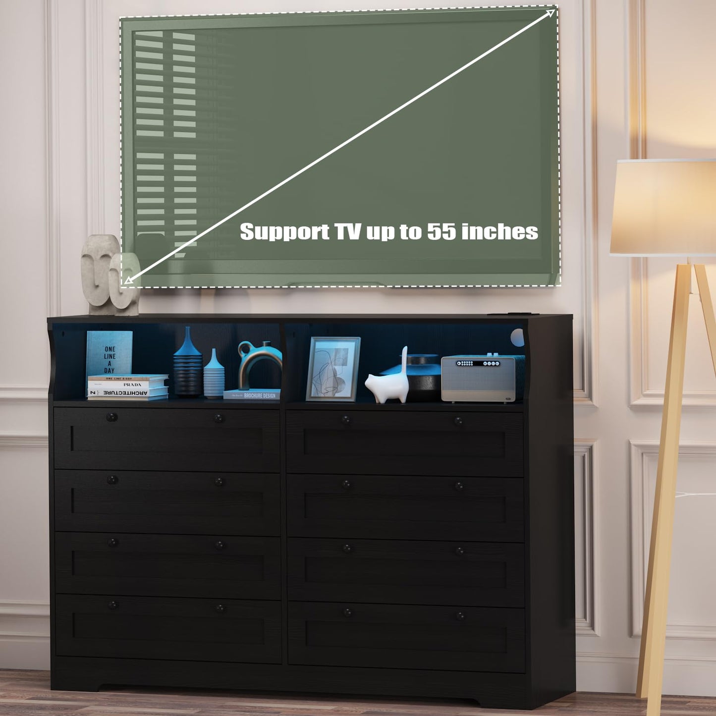 Garvee 8 Drawer Wooden Dressers for Bedroom with LED Lights, Charging Station & Open Shelf, Black Wood Chest of Drawers, Farmhouse TV Stand Dresser for Living Room, Hallway, Entryway Fit 65 inch TV