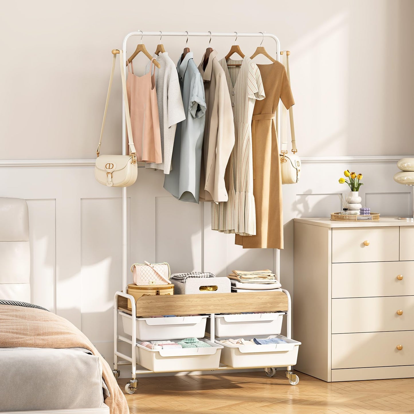 APEXCHASER Clothes Rack, Clothing Rack with Drawer,Rolling Metal Garment Rack for Hanging Clothes, Suitable for Bedroom Closet Living Room(White)