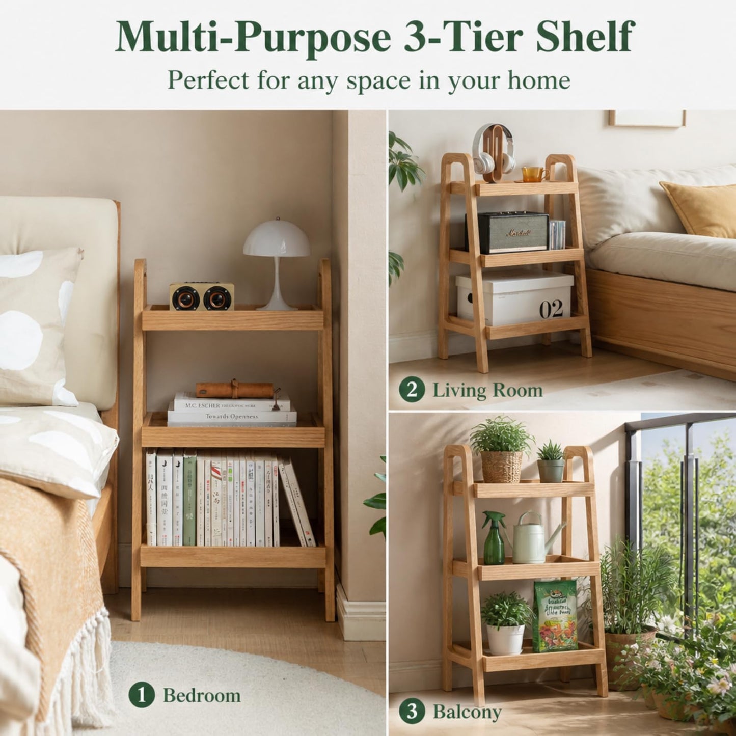 Vadisun 100% Solid Oak 3 Tier Ladder Shelf, Small Bookshelf, Ladder Bookshelf, Bookcase with Stable Frame, Small Table for Living Room Bedroom(Natural, 12.6" L x 17.72" W x 31.5" H)