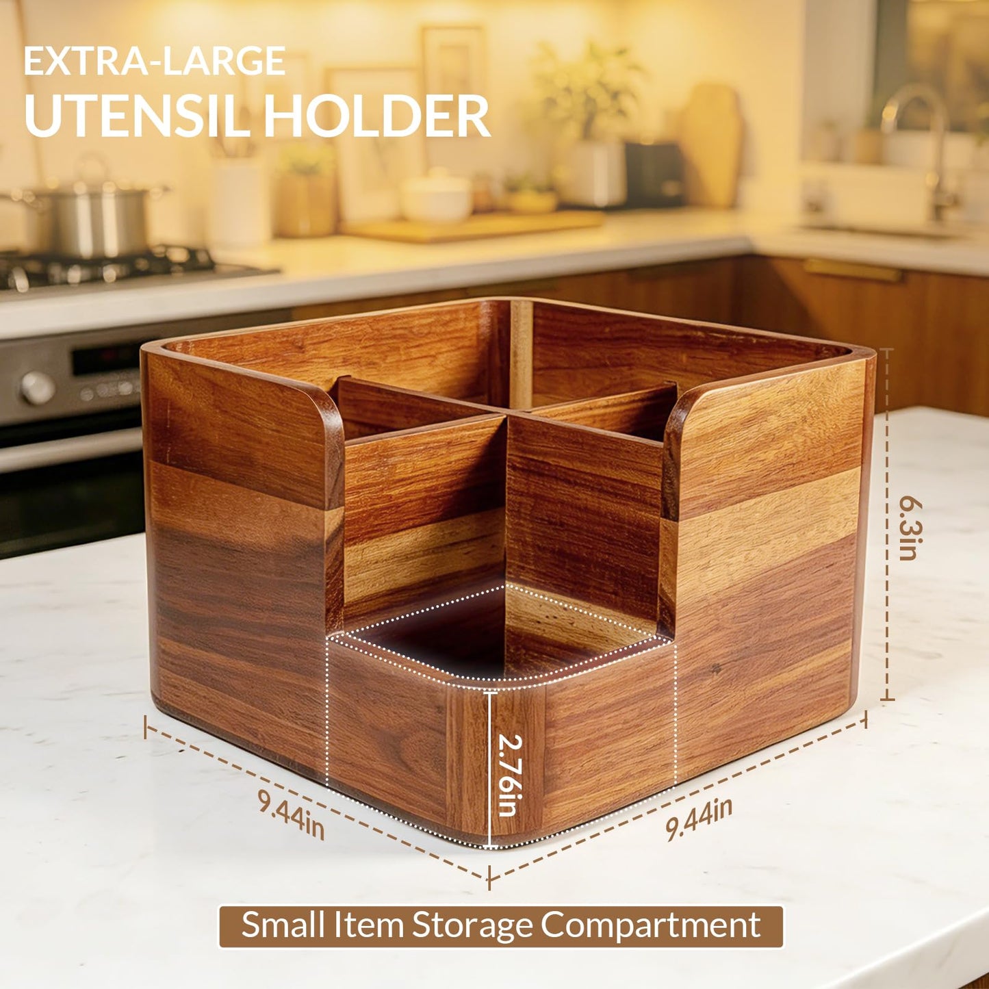 Liberal Brightdeer Large Kitchen Utensils Holder with 4 Compartments,Corner Utensil Caddy for Countertop,Acacia Wooden Utensil Organizer for Kitchen Countertop, Farmhouse Decor