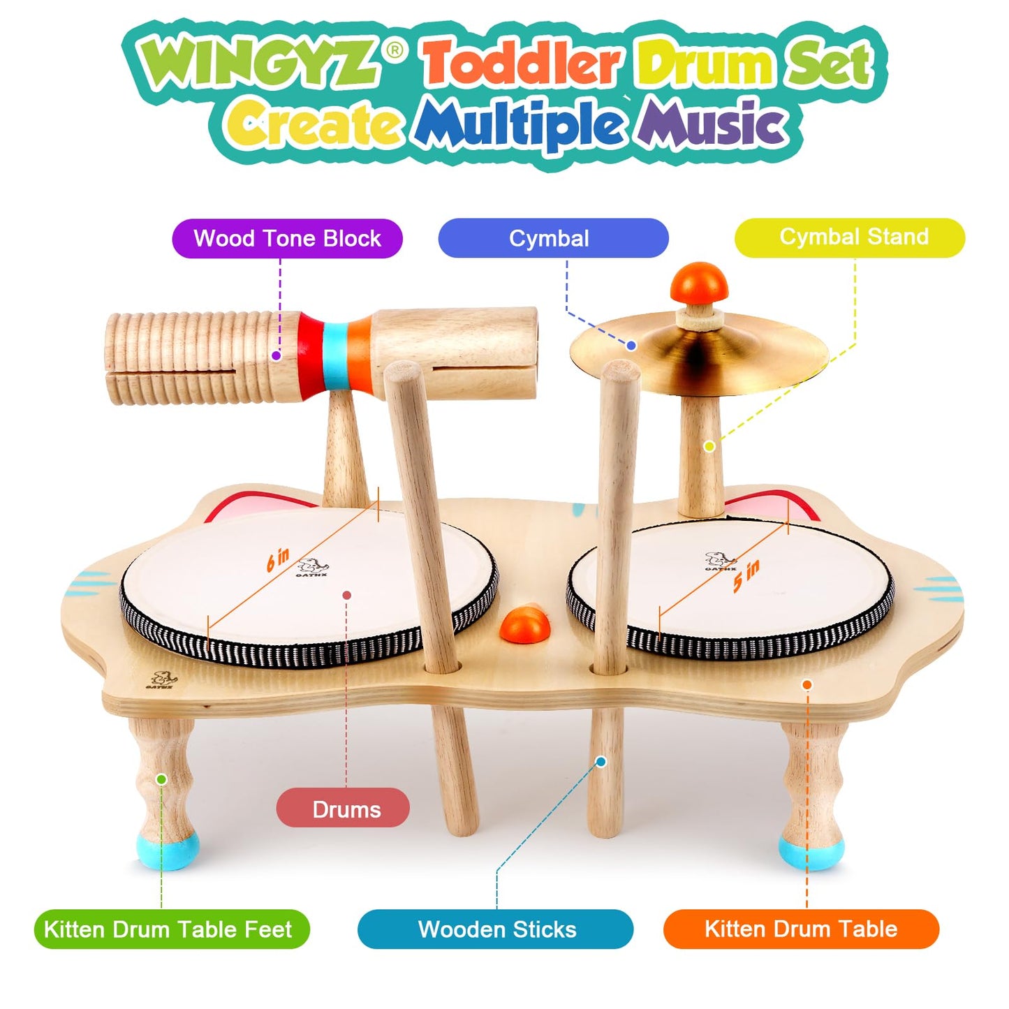 WINGYZ Kids Drum Set, 6-in-1 Wooden Musical Instrument Table