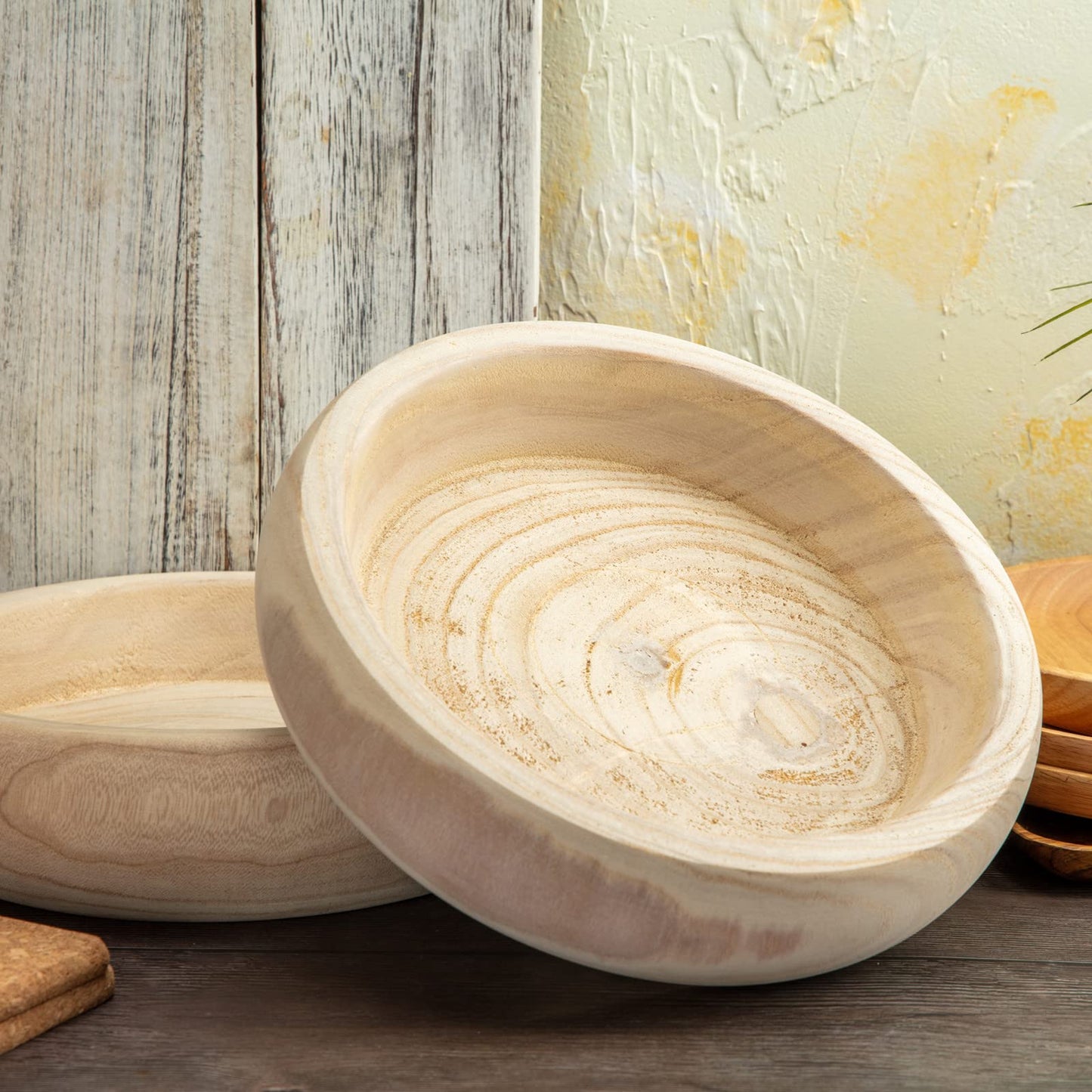 GYHJA Decorative Wood Bowl Hand Carved Centerpiece Paulownia Round Dough Serving Wooden Bowls For Decor Large, Natural(11.4in)