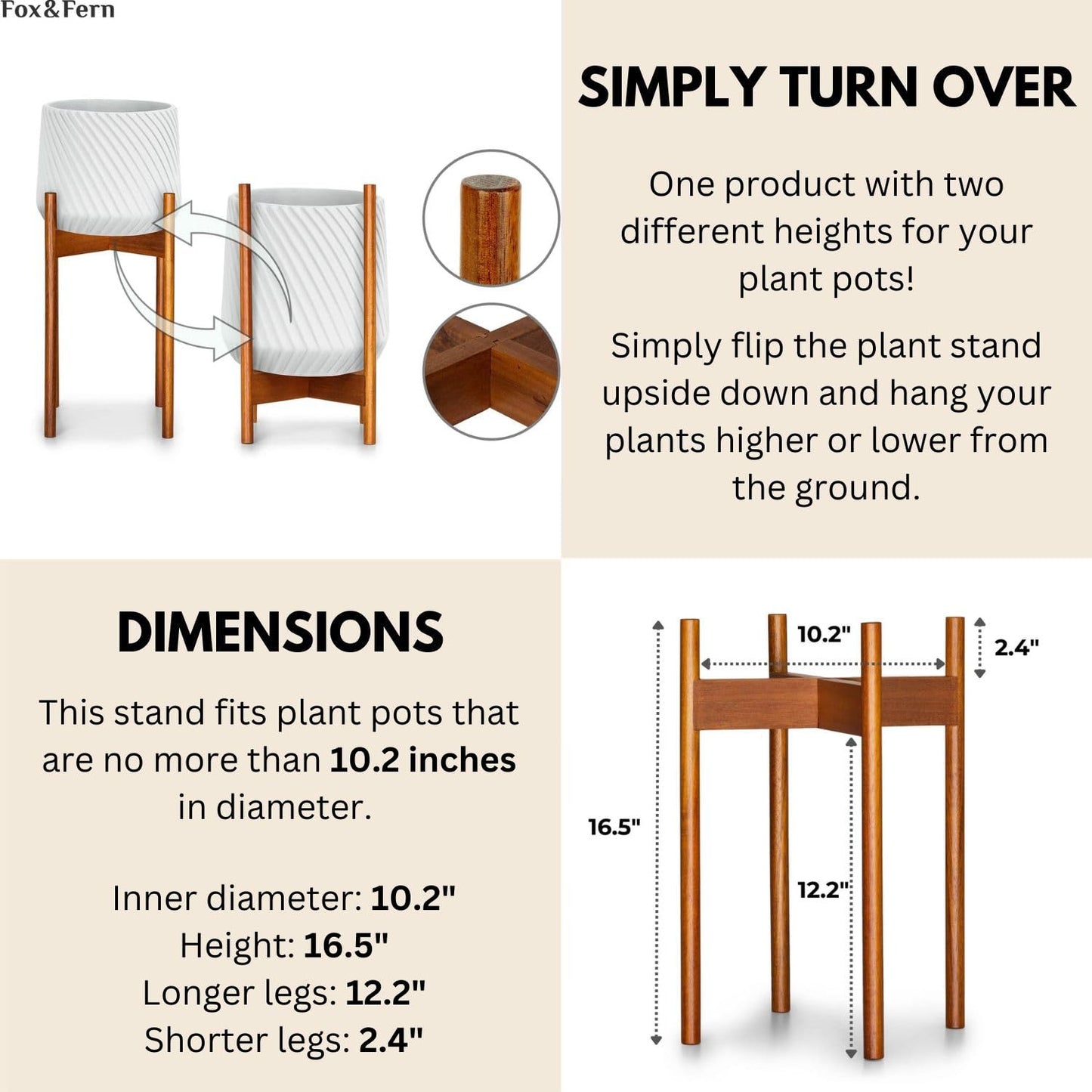 Fox & Fern Mid Century Tall Plant Stand — 10 Inch Fixed Size Raised Wooden Plant Stand for Indoor Planters (Not Included); Modern Flower Pot Holder with Plug In Design; Easy to Assemble - Acacia
