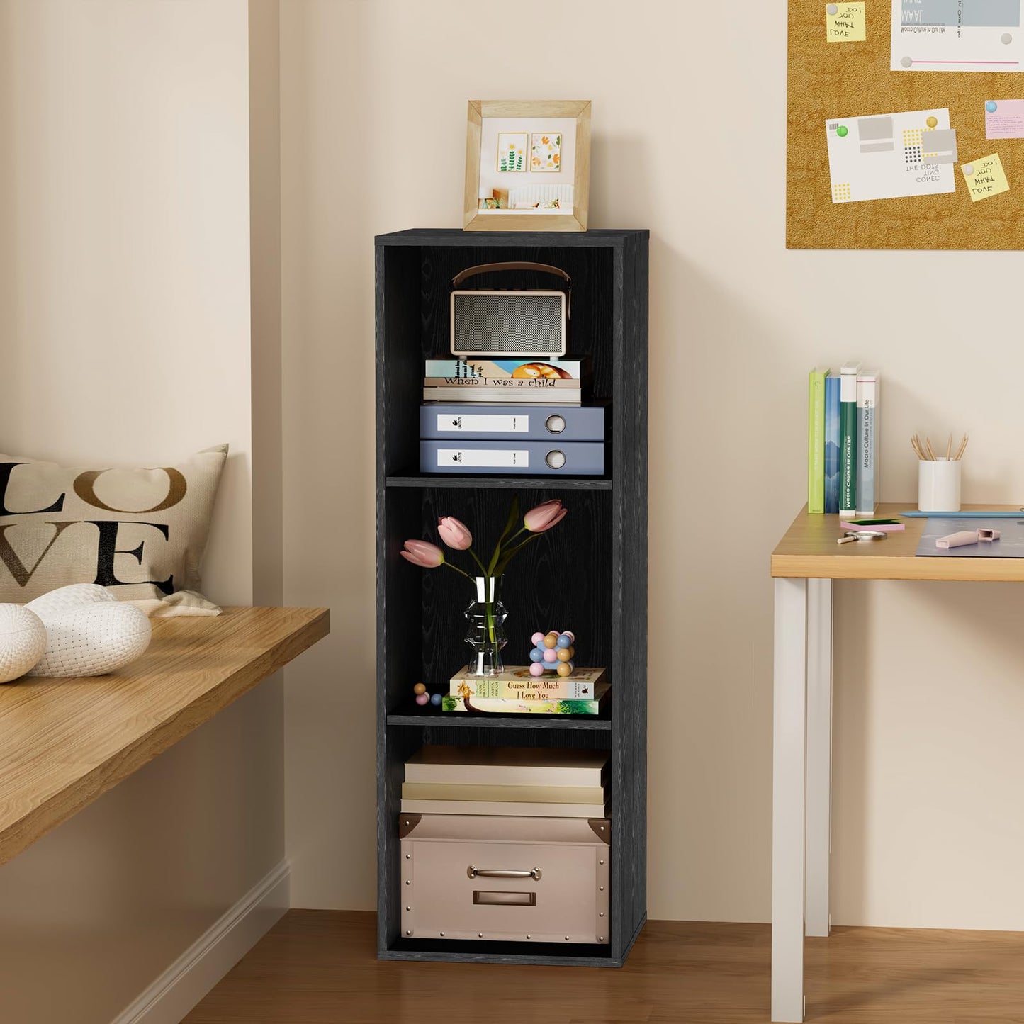 Nestwise 3 Tier Bookshelf, Narrow Bookcase for Small Spaces, Wooden Book Case Bookshelves Storage Organizer for Bedroom Living Room Home Office (Black, 3 Cube)