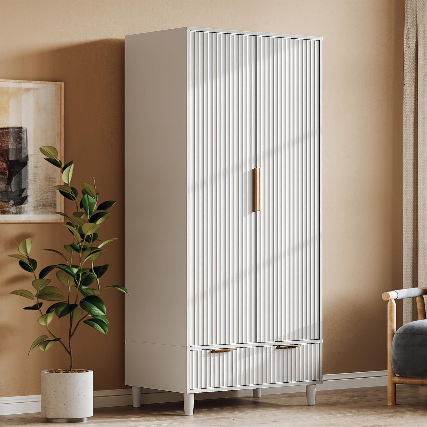 VINGLI Fluted Wardrobe Closet Armoire with Doors And Drawers, White Wardrobe Cabinet with Hanging Rack, Bedroom Closet Wood, Free Standing Armoire with Shelf and Solid Wood Legs, 31.5"W*19.7"D*69.3"H