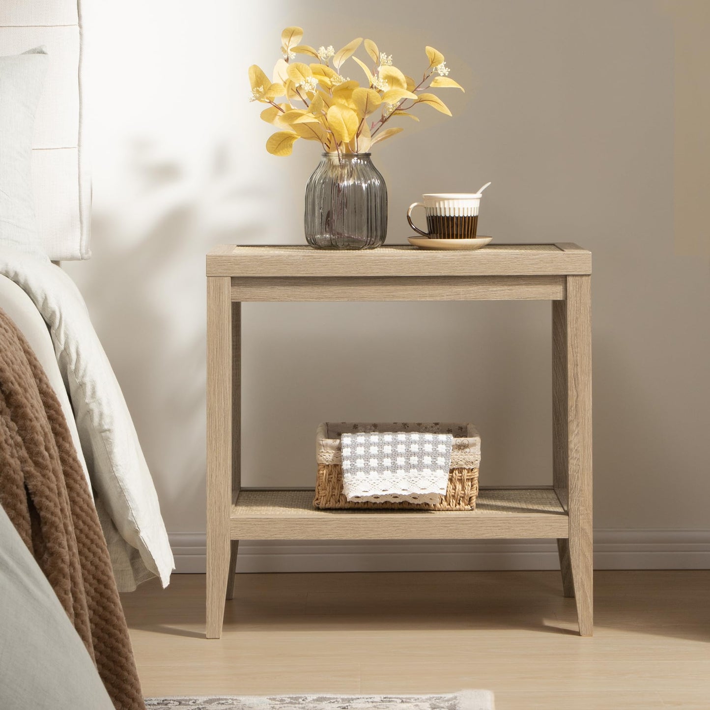 SICOTAS Rattan Nightstand Bedside Table - Farmhouse Boho Narrow Accent End Table with 2 Open Rattan Shelves for Bedroom, Living Room, Small Spaces - Light Oak