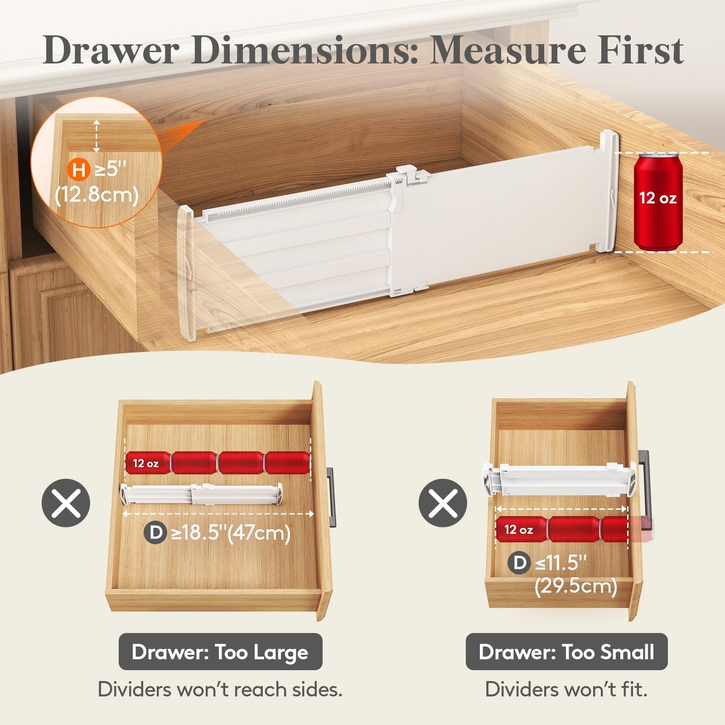 Lifewit 4 Pack 5" High Drawer Dividers for Clothes, 11.5"-18.5" Expandable Dresser Drawer Organizers, Adjustable White Plastic Separators for Kitchen, Cabinet, Nursery, Socks & Underwear Storage