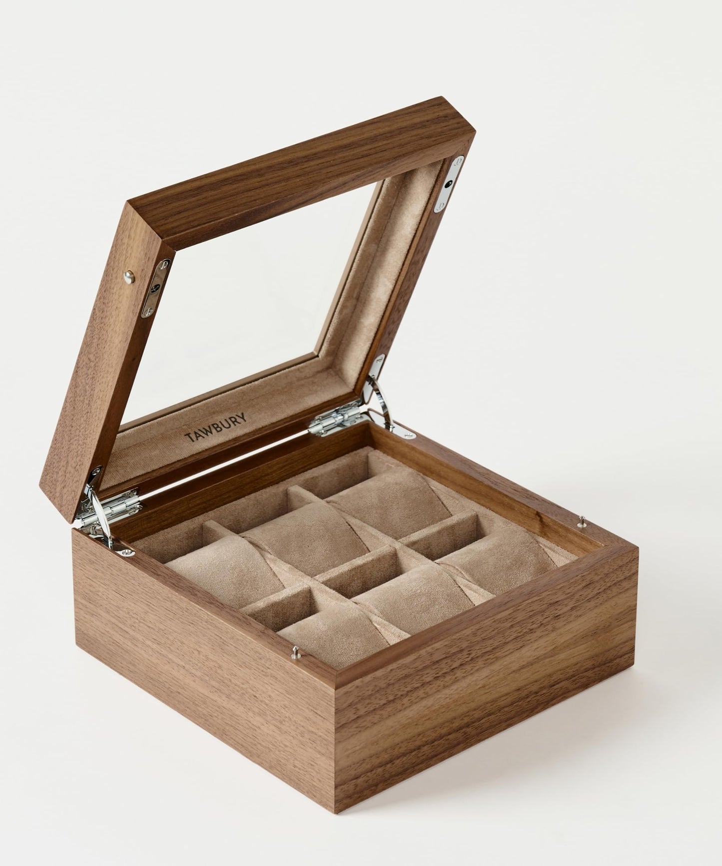 TAWBURY Wooden Watch Case - 6 Slot Wood Watch Box for Men & Women with Glass Display, Protective Fully Lined Interior and 2-inch Wide Pillows for Small & Large Watches (Classic Walnut)