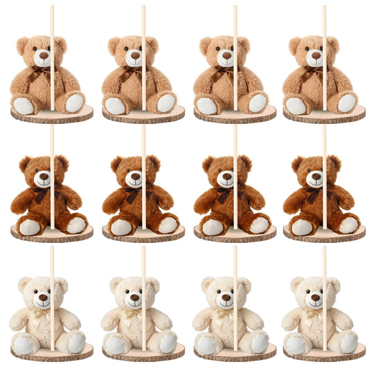 Canlierr 12 Set Bear Centerpieces for Baby Shower Decor Includes Wooden 23-26in Bear Rounds Circles Slices with Stick DIY Craft Birthday Wedding Gender Party Table Decorations, 3 Colors