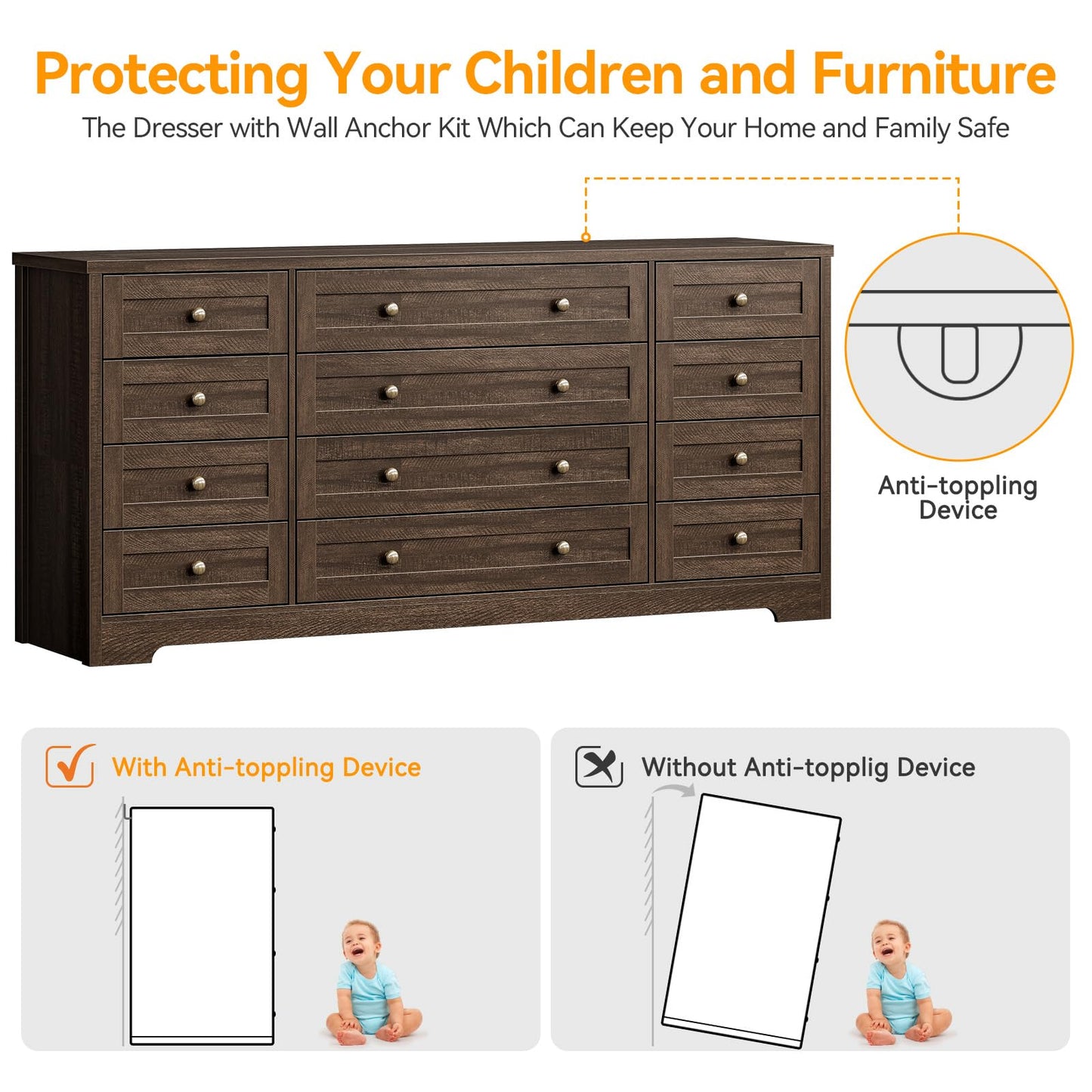 Garvee 12 Drawer Wooden Dressers for Bedroom, Brown Dresser for Adult Bedroom, Modern Wood Chest of Drawers for Living Room, Closet, Entryway, Hallway, Farmhouse Wide TV Stand for 65 Inch TV