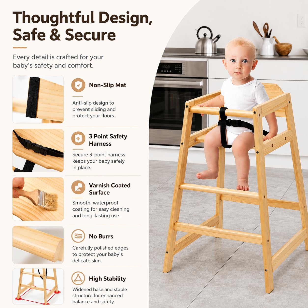 Neoflavie 2 Pack Wooden High Chairs for Babies and Toddlers, Restaurant-Style Stackable High Chair with Commercial Grade Solid Wood for Dining Table & Kitchen, Easy to Clean Baby Booster Seat -Natural