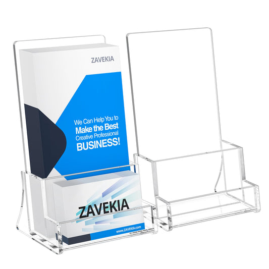 zavekia 2 Pack Acrylic Brochure Holder With business card holder, 4 x 9 inches Clear Acrylic Literature Holder Plastic Flyer Display Stand