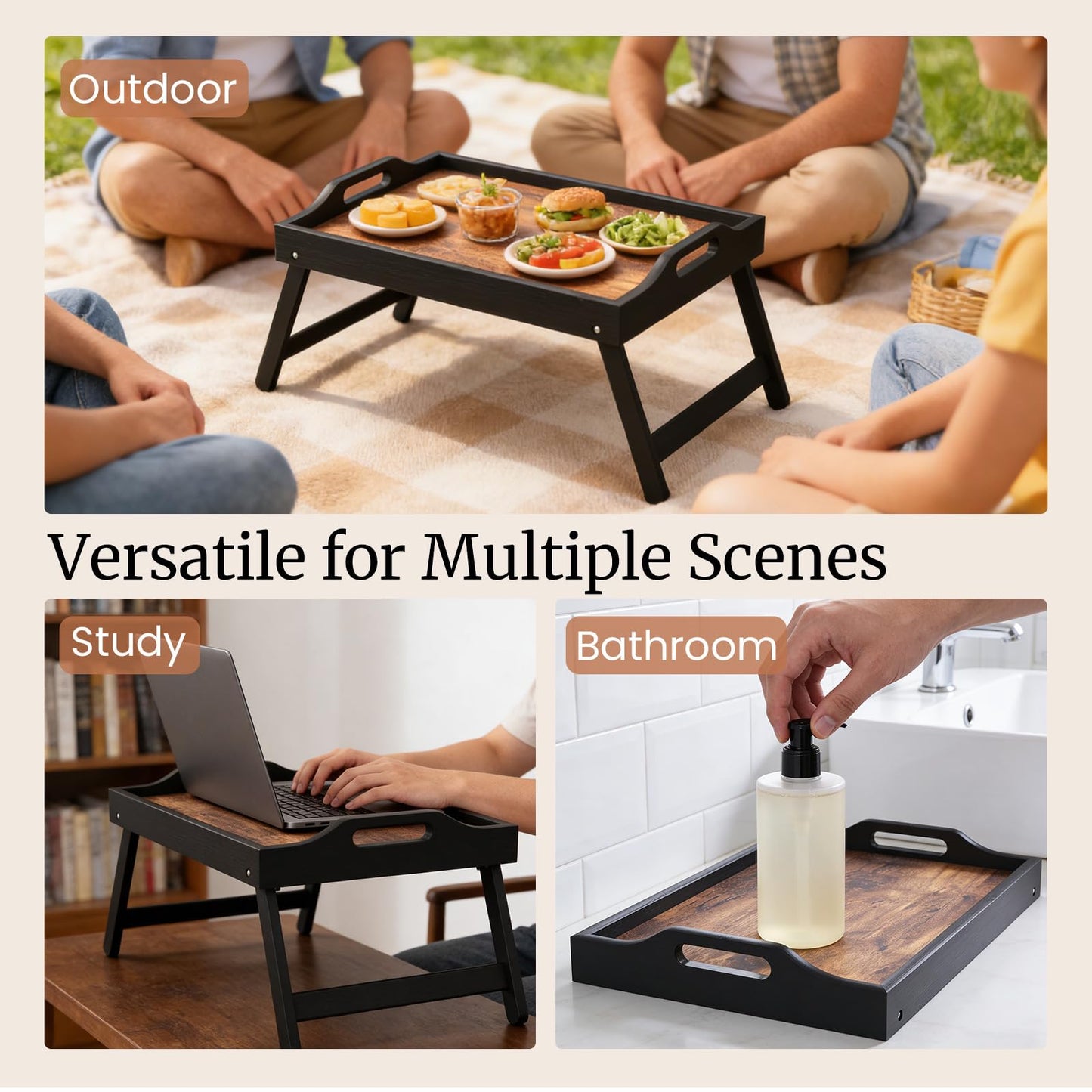 Fibogollo Wooden Bed Tray Table with Folding Legs and Handle,Breakfast Trays,Serving Tray for Food and Snack,Laptop Laptop Desk for Working