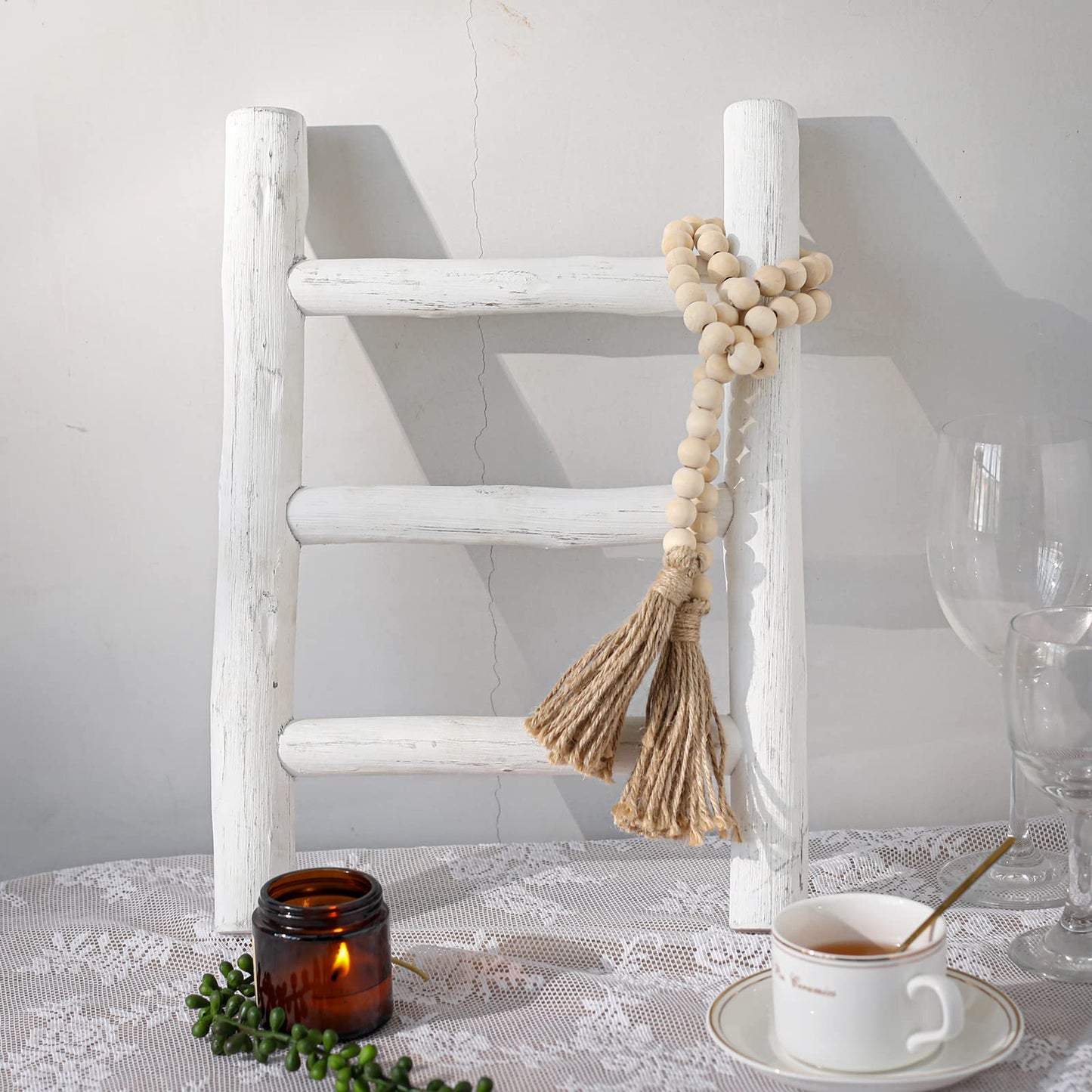 Rustic Farmhouse Blanket Ladder and Mini Countertop Towel Ladder Set, Fully Assembled Wood Decor for Home Storage and Display, White