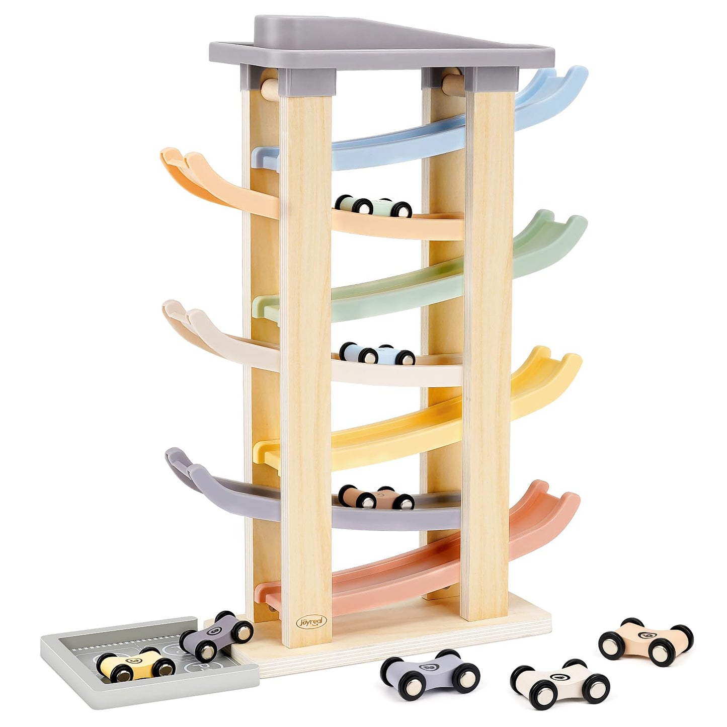 Joyreal Montessori Toddler Toys for 1 2 3 Year Old - 7 Level Wooden Car Ramp Racer Toys with 8 Mini Cars & 2 Garages - Christmas Birthday Gifts for 1-2 Year Old Boys and Girls
