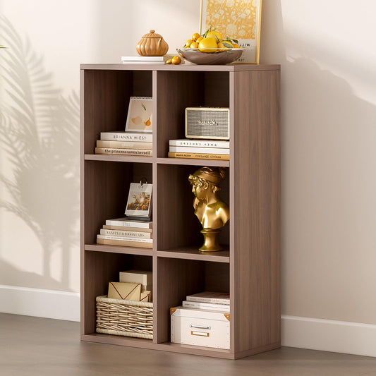 OSCHF 6-Cube Storage Shelf Bookcase - Wooden 3-Tier Floor Standing Open Bookshelf for Home and Office, Cuby Orgainzer, Walnut