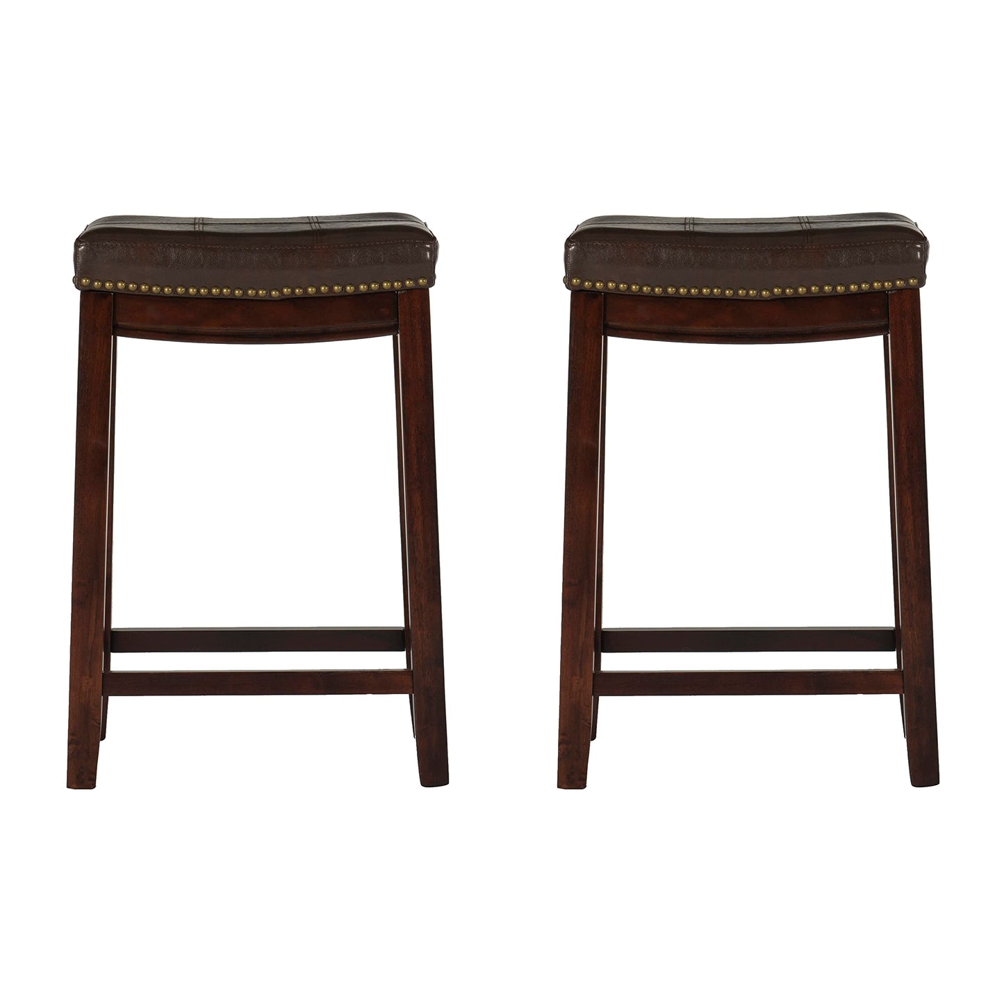 Linon Kingston Brown Wooden Backless 26.5 Inch Seat Height Counter Stool with Brown Faux Leather Upholstered Seat and Nailheads