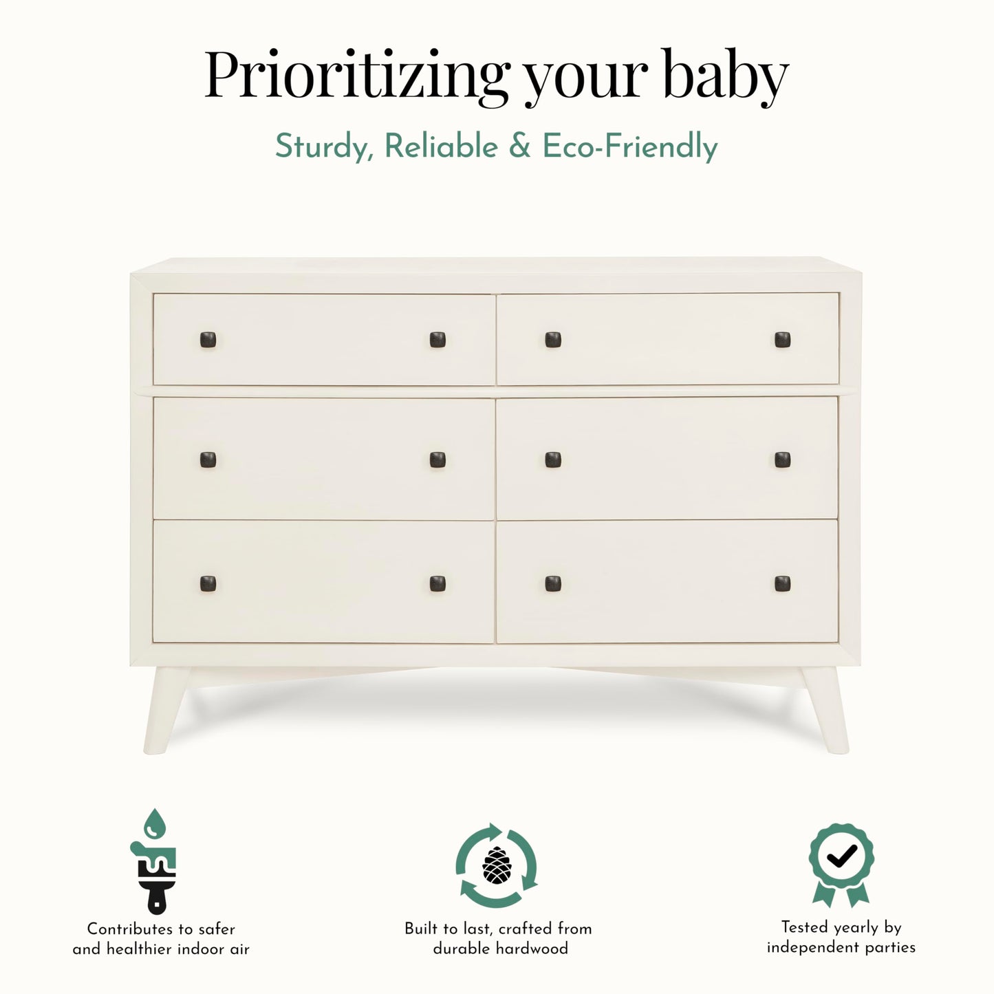 Evolur Loft Antilia Mid-Century Double Dresser in Vanilla Bean, 6 Spacious Drawers, Comes Fully Assembled, Included Anti-Tipping Kit, Wooden Nursery Furniture