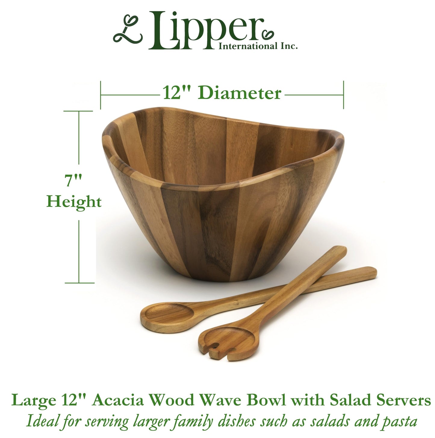Lipper International Acacia Large Wave Bowl with Servers, 162.31 fl.oz.,Brown