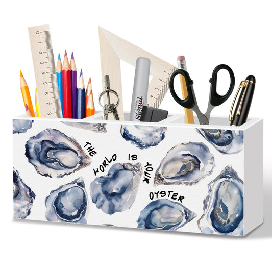 WODMIS Coastal Beach Oyster Pen Pencil Holder for Desk, Inspirational Gifts for Women, the World Is Your Oyster Inspirational Wooden Box Organizer Decorations for Home Office Desk Accessories Tabletop