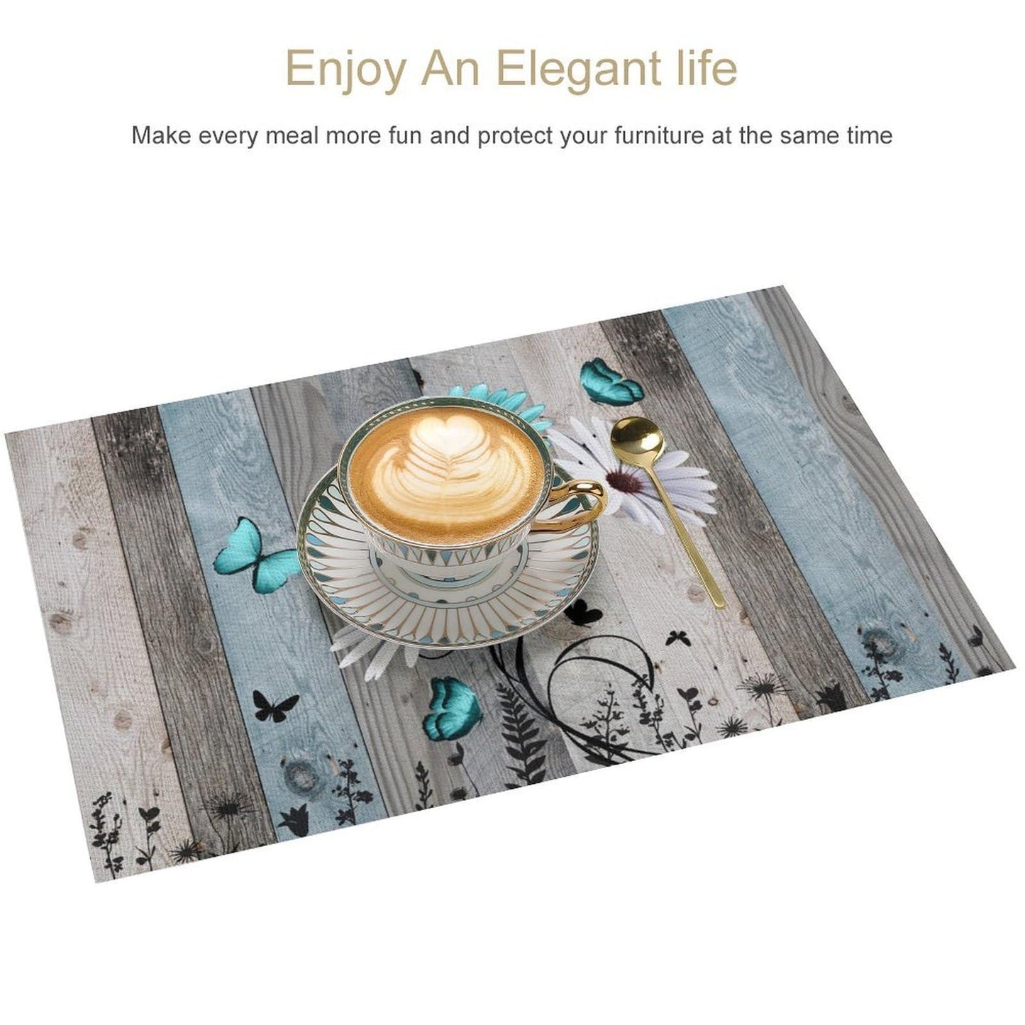 Daisy Floral Placemat Set of 4, 12x18 Inch Rustic Boho Teal Wild Flowers Wooden Butterfly Spring Seasonal Coffee Table Mats for Outdoor Farmhouse Kitchen Dining Table Decoration