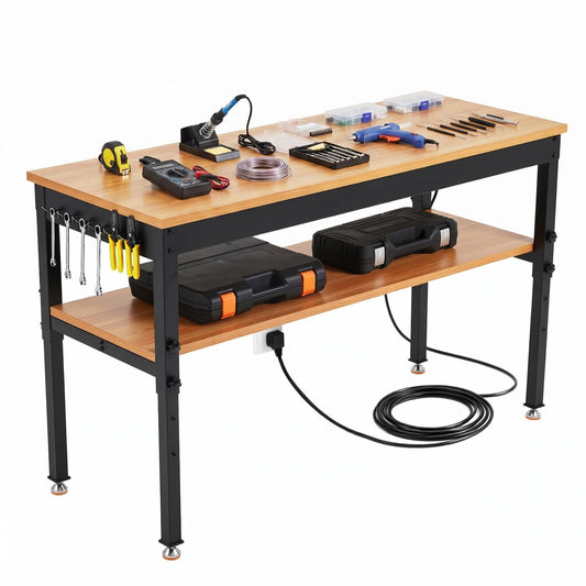 48" Work Bench with Storage Shelf, 2500 LBS Adjustable Height Workbench, 48" x 24" Work Benches for Garage, Tool Bench with Power Outlet for Workshop & Home