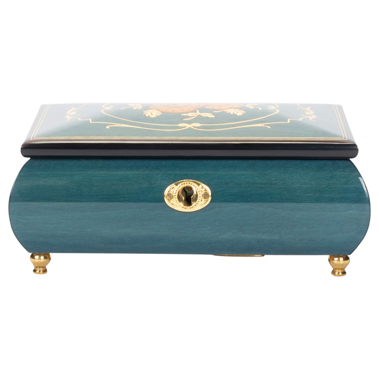 Flower Dark Blue Italian Hand Crafted Inlaid Wood Music Box Plays Swan Lake