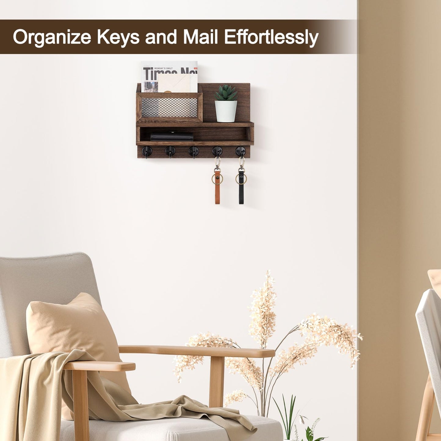 Lucundm Key Holder for Wall, Mail Organizer Wall Mount with Storage Compartment and 5 key Hooks for Coat, Dog Leash, Stylish Mesh Mail Holder, Home Decor Entry Way Organizer
