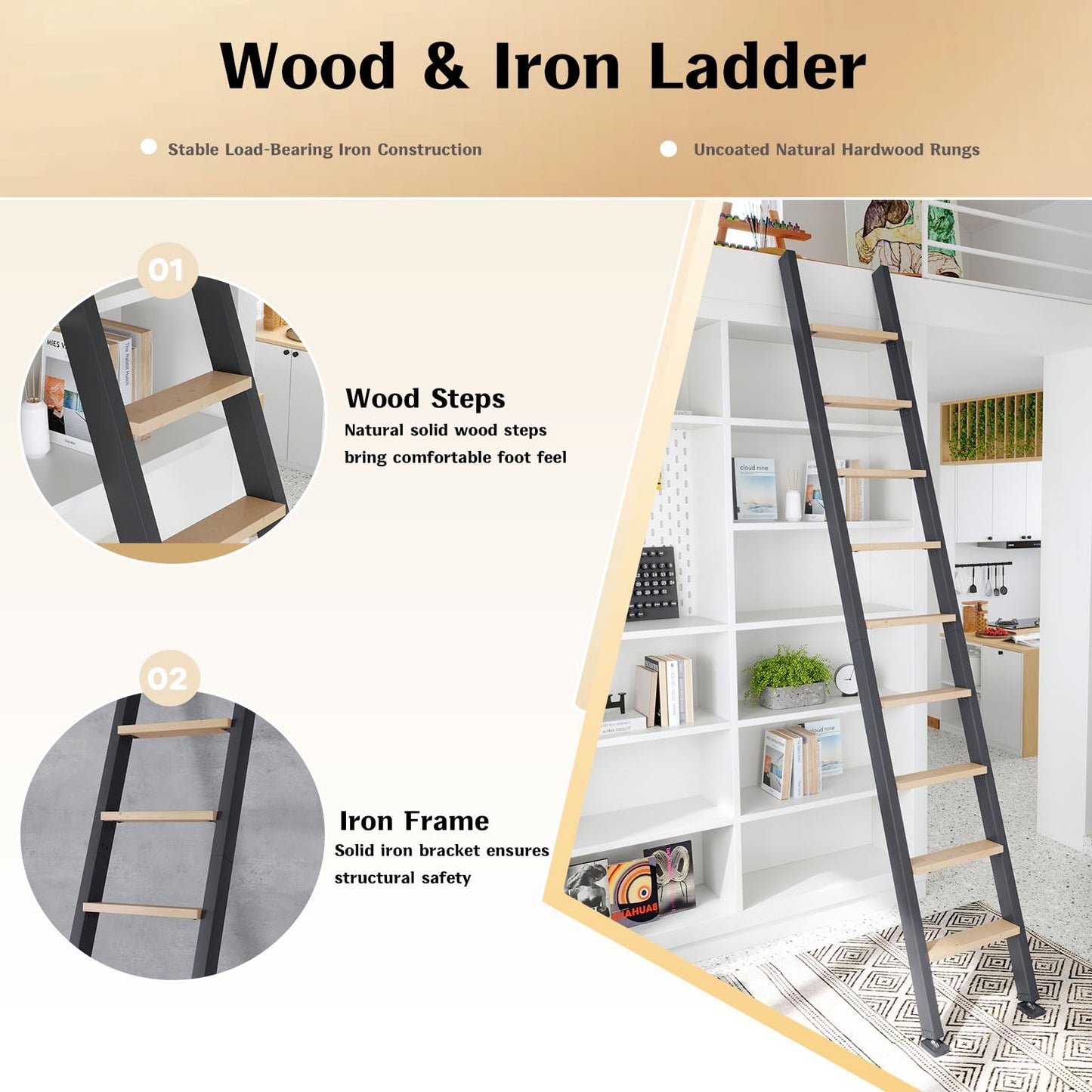 Fredbeck 10ft,120in Library Ladder Carbon Steel Frame Wooden Step,for Loft
