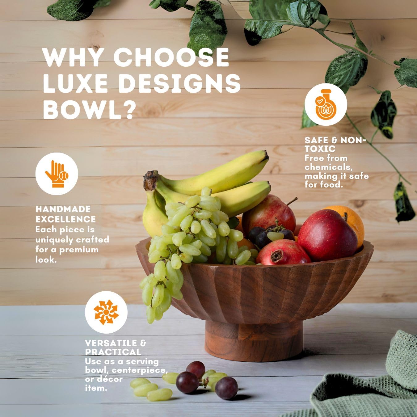 Luxe Designs Wooden Footed Bowl Handcrafted Decorative Fruit Bowl with Elegant Footed Base for Dining, Serving, and Home Décor – Perfect for Fruits, Snacks, and Centerpiece Display (Carved)