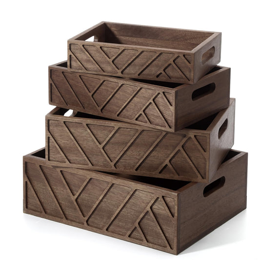 AceOrbit 4 Pcs Wooden Nesting Crate Countertop Baskets for Kitchen 4 Size Decorative Farmhouse Wood Storage Box with Handle for Display Fruit Vegetable Kitchen Cabinet Bathroom(Brown)