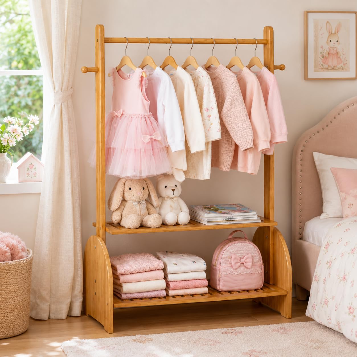 BAMBOOHOMIE Kids Clothing Rack with Adjustable Rods, Children Clothes Garment Rack for Kids Baby Pet, Kids Dress Up Rack with 2 Bottom Shelves, Kids Wardrobe Closet for Toddlers Nursery (Natural)