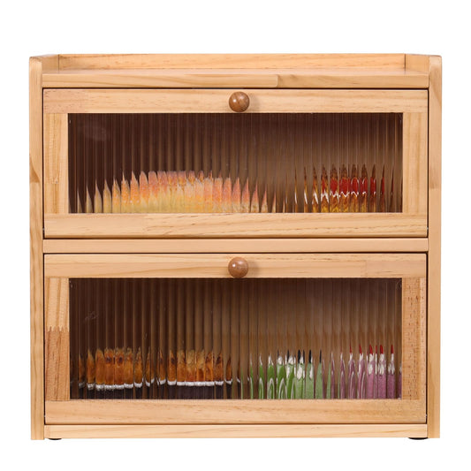 FDHUIJIA Double Layer Large Bread Box for Kitchen Counter, Wooden Bread Storage Container with Acrylic Window, (natural)