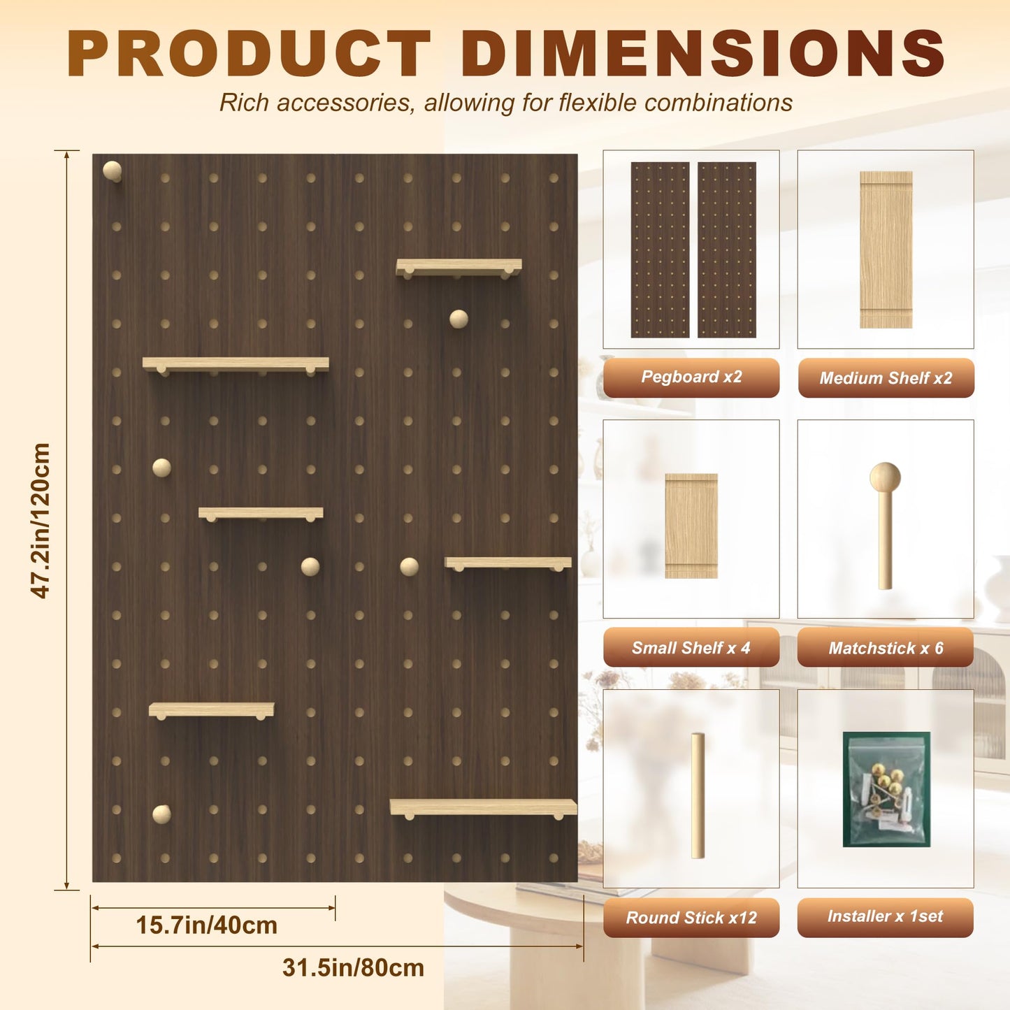 Wooden Pegboard Wall Organizer Kit, Modular DIY Peg Board Panels with Hooks, Pegboard Storage System Combination Set for Garage Office Craft Room Bedroom Kitchen, Living Room (Brown, 80X120CM)