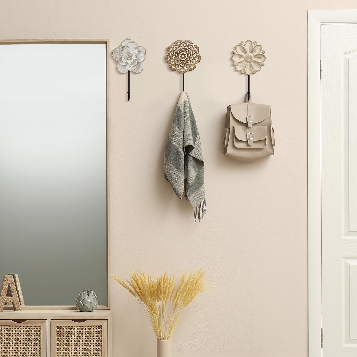 Bucherry 3 Pcs Large Decorative Flower Wall Hooks 8.27inch Boho Coat Hooks Decorative Hangers for Clothing Towels Bags Bathroom Home Decoration Warming Gifts