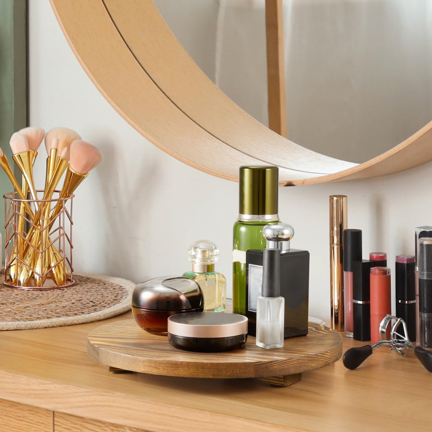 Round Decorative Tray Burnt Wood Bathroom Counter Organizer Pedestal Stand Farmhouse Kitchen Decor Wooden Riser for Soap Dish, Perfume, Candle, Sponge, 10" - Brown