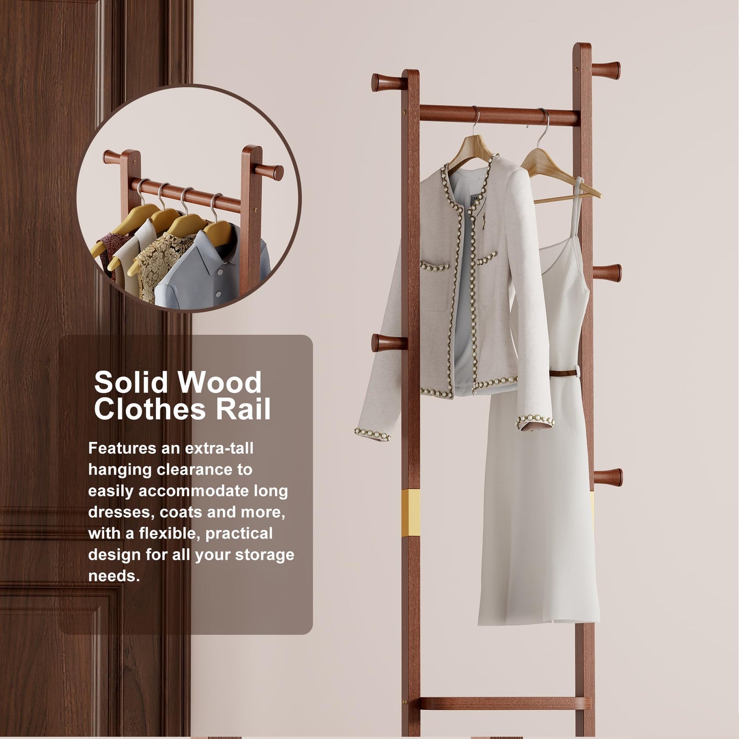 KIRROUS Solid Wood Coat Rack Freestanding, Clothing Rack with 5 Hooks & Bottom Shelf, Heavy Duty Coat Rack Stand for Hanging Clothes, Wood Hall Tree Organizer for Entryway, Bedroom (Walnut Brown)
