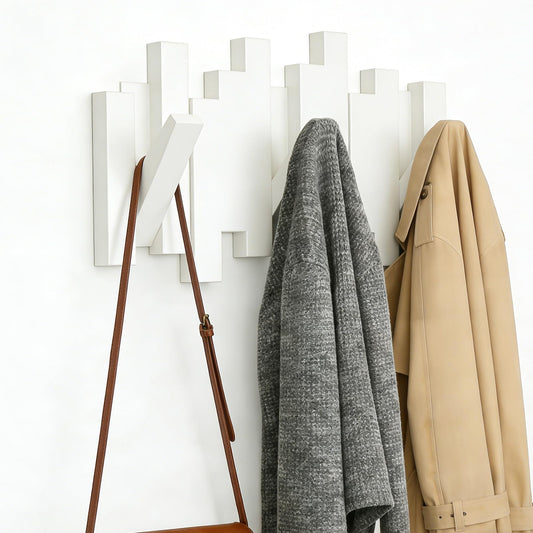 CAQ Wood Piano Key Coat Rack Wall Mount, Modern Coat Rack with 3 Magnetic Flip Hooks, 110 lbs Load Bearing, Space Saving Home Storage Decor, White