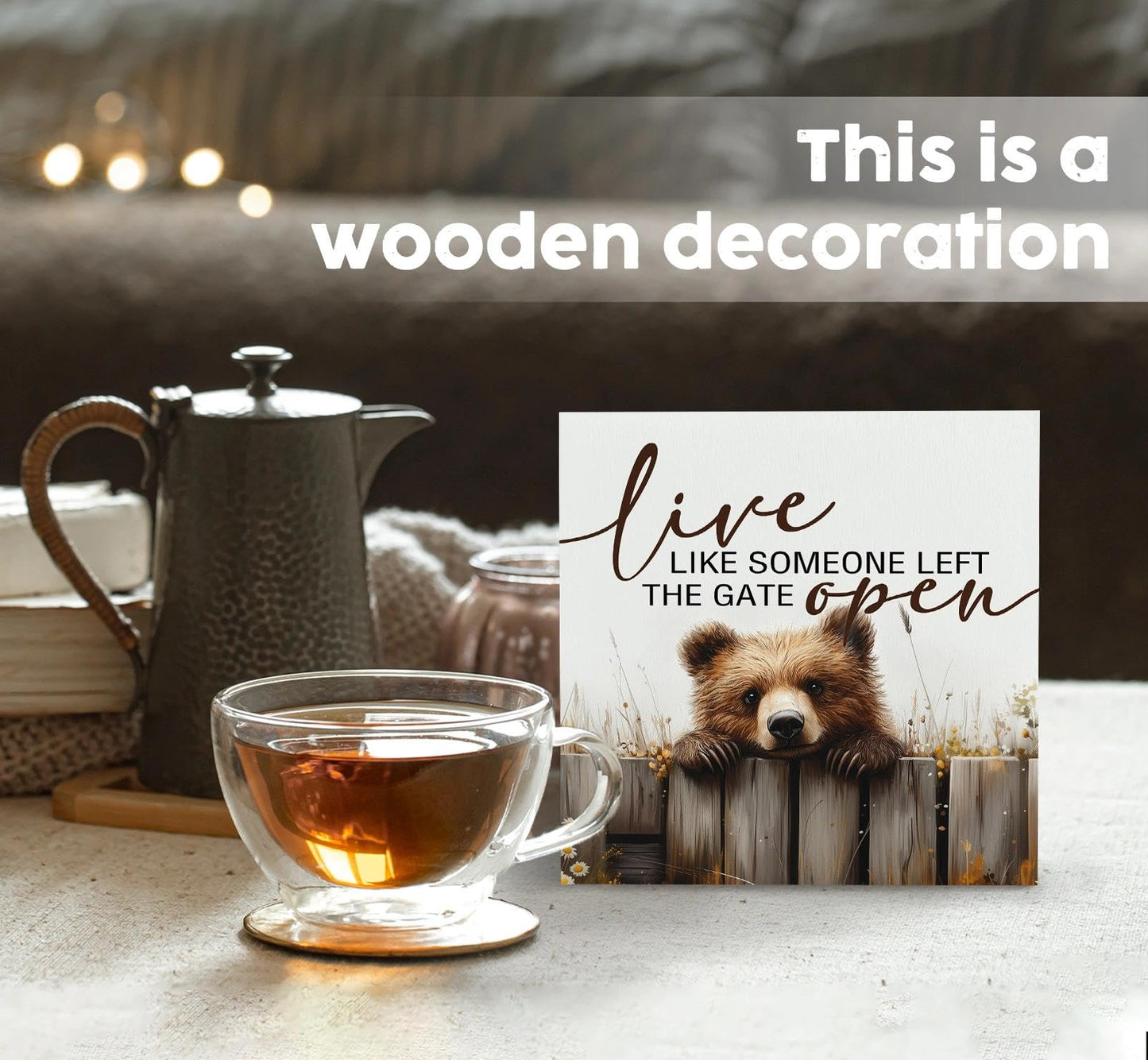 Rustic Bear Sign - Live Like Someone Left The Gate Open Wooden Box Signs, Bear Decorations For Home, Farmhouse Wood Decoration Home Decor For Desk Table Shelf 6x6 Inch Decorative Signs & Plaques
