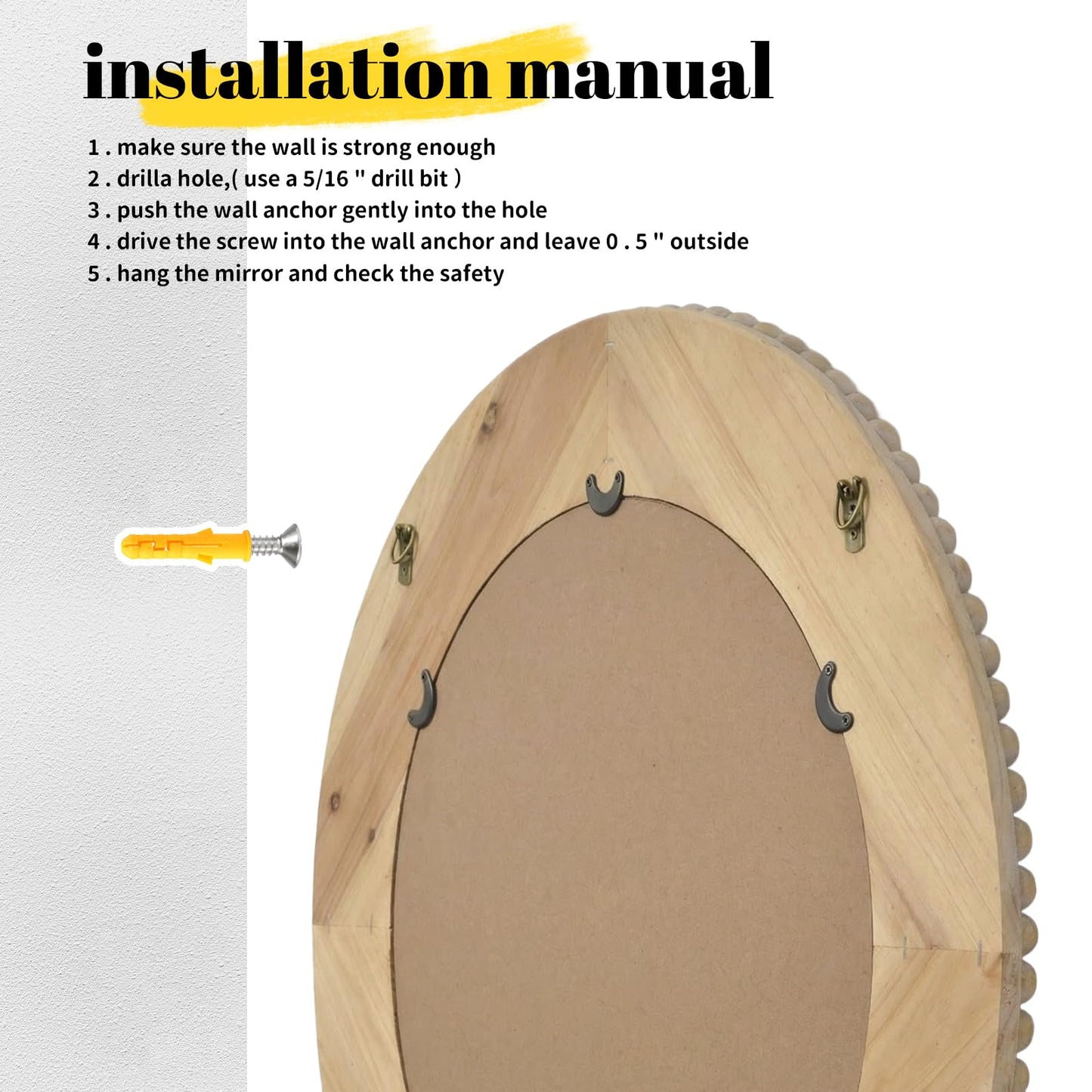 sawsile Round Wood Mirror,24 inch Circle Rustic Farmhouse Natural Wooden Frame Boho Beads Wall Mirror for Bathroom,Living Room,Bedroom or Entryway