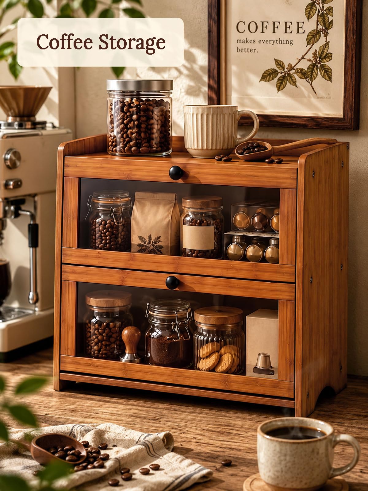 Plusinthebox Brown Bread Box for Kitchen Countertop, 2 Tier Large Capacity Wooden Bread Storage Container, Farmhouse Bread Keeper for Bread, Bagels, Pantry Organizer