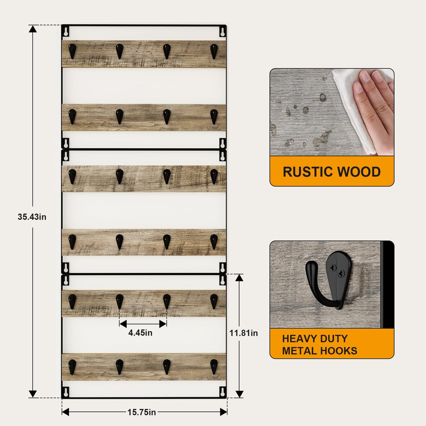 IBUYKE Wall-Mounted Mug Rack Set of 3, 24-Hook Large Coffee Display Organizer for Kitchen, Home, Bar, Coffee Station - Rustic Wood, Greige TBJ005Y-3