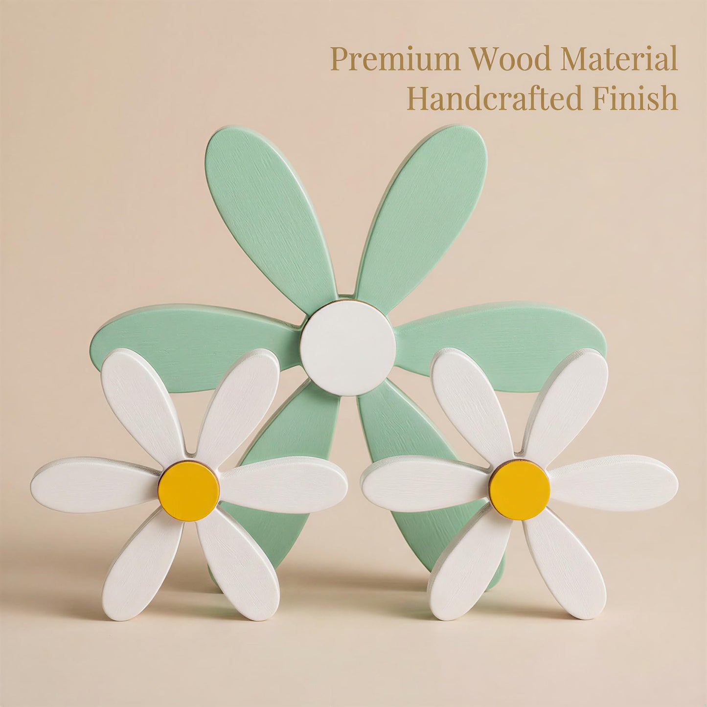 FAJYAZ Spring Decor 3 Piece Wooden Flowers Boho Daisy Decor Handcrafted Shelf Sitters Tabletop Spring Flower Decor for Tiered Tray Home Office Kitchen Living Room Bedroom