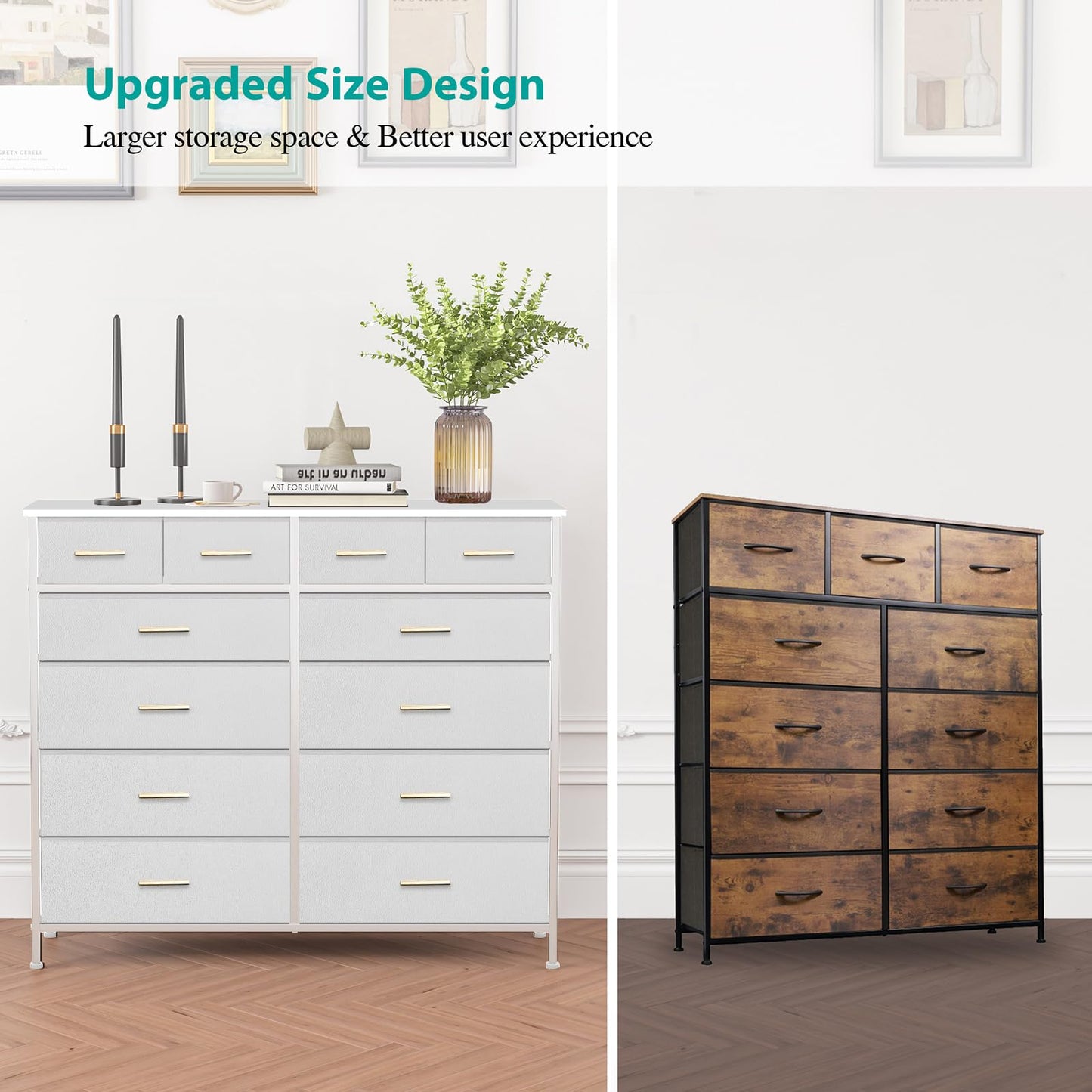 VASICAR Chest of Drawers for Bedroom with 12 Deep Drawers Tall Fabric Dresser, Storage Cabinet for Closet, Nursery, Bedside, Living Room, Entryway, Hallway (White)