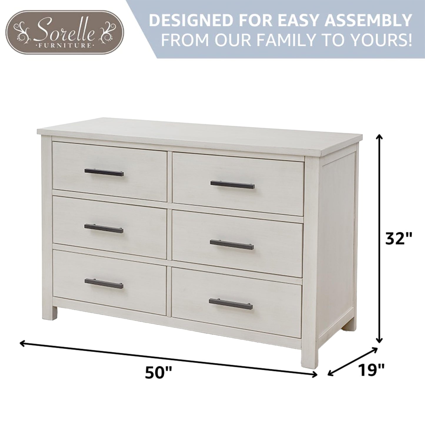 Sorelle Westley Double Dresser - 6 Drawer Solid Wood Nursery Dresser with Smooth Drawer Glides and Anti-Tip Kit, Convertible Changing Surface Ready, Brushed Ivory